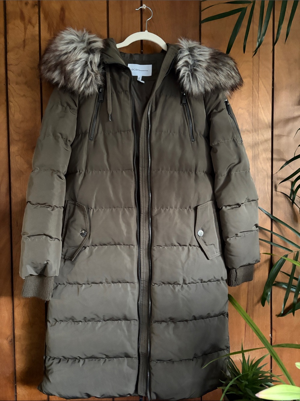 BCBGeneration Olive Green Long Puffer Coat with Faux Fur Hood
